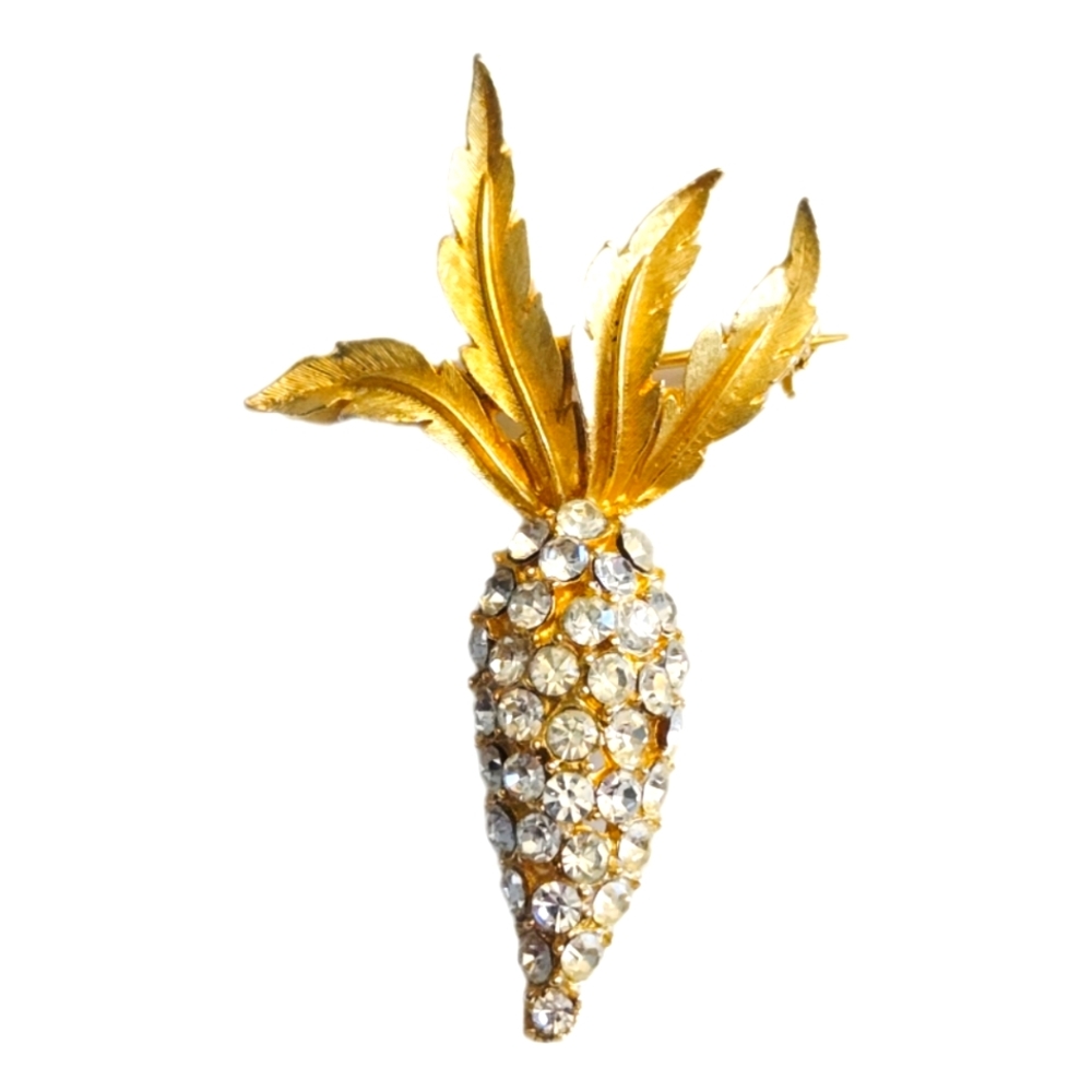 Vintage Rhinestone Pineapple Brooch Gold Tone Tropical Statement Pin